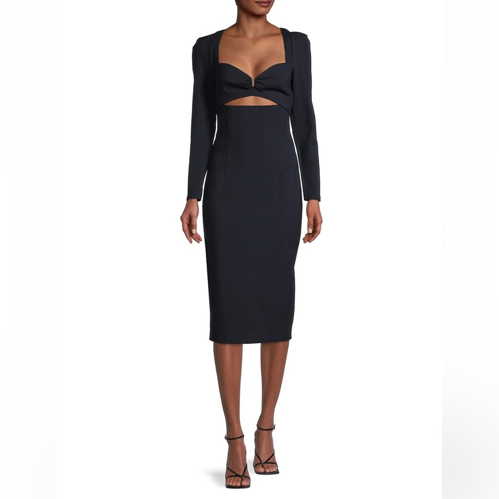 NWT ELLIATT Scarlette Cutout Long Sleeve Sheath Midi Dress in Navy Blue, size L